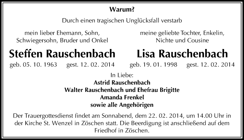 Traueranzeige für Steffen und Lisa Rauschenbach vom 19.02.2014 aus Mitteldeutsche Zeitung Merseburg/Querfurt
