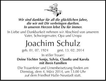 Traueranzeige von Joachim Schulz von Mitteldeutsche Zeitung Halle/Saalkreis