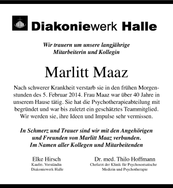 Traueranzeige von Marlitt Maaz von Mitteldeutsche Zeitung Halle/Saalkreis