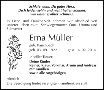 Traueranzeige von Erna Müller von Mitteldeutsche Zeitung Naumburg/Nebra