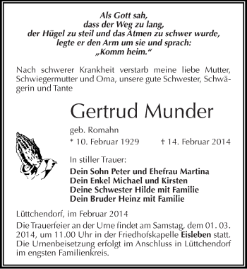 Traueranzeige von Gertrud Munder von Mitteldeutsche Zeitung Mansfelder Land