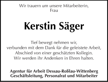 Traueranzeige von Kerstin Säger von Mitteldeutsche Zeitung Wittenberg