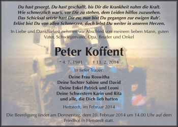 Traueranzeige von Peter Koffent von Mitteldeutsche Zeitung Mansfelder Land