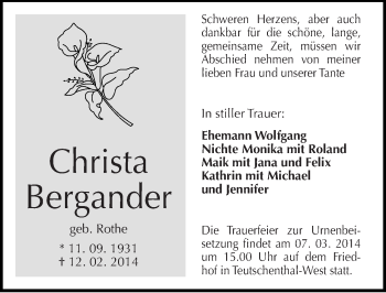 Traueranzeige von Christa Bergander von Mitteldeutsche Zeitung Halle/Saalkreis