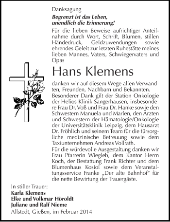 Traueranzeige von Hans Klemens von Mitteldeutsche Zeitung Sangerhausen