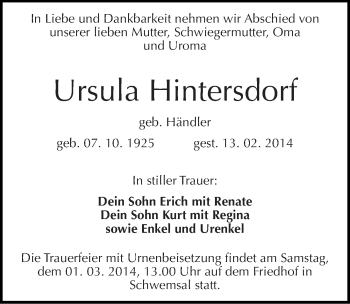 Traueranzeige von Ursula Hintersdorf von Mitteldeutsche Zeitung Bitterfeld