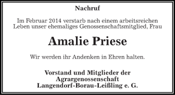 Traueranzeige von Amalie Priese von Mitteldeutsche Zeitung Weißenfels