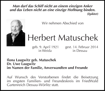 Traueranzeige von Herbert Matuschek von Mitteldeutsche Zeitung Dessau-Roßlau
