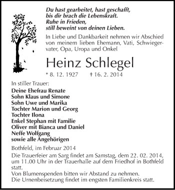 Traueranzeige von Heinz Schlegel von Mitteldeutsche Zeitung Weißenfels