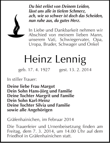 Traueranzeige von Heinz Lennig von Mitteldeutsche Zeitung Wittenberg