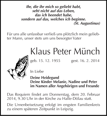 Traueranzeige von Klaus Peter Münch von Mitteldeutsche Zeitung Halle/Saalkreis