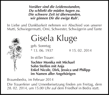 Traueranzeige von Gisela Kluge von Mitteldeutsche Zeitung Merseburg/Querfurt