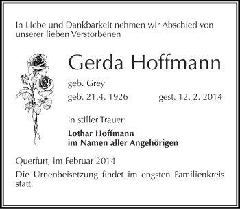 Traueranzeige von Gerda Hoffmann von Mitteldeutsche Zeitung Merseburg/Querfurt