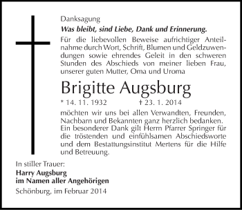 Traueranzeige von Brigitte Augsburg von Mitteldeutsche Zeitung Naumburg/Nebra