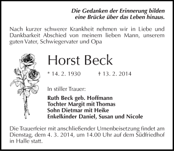 Traueranzeige von Horst Beck von Mitteldeutsche Zeitung Halle/Saalkreis