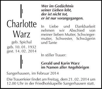 Traueranzeige von Charlotte Warz von Mitteldeutsche Zeitung Sangerhausen