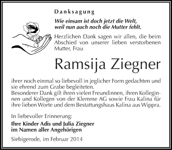 Traueranzeige von Ramsija Ziegner von Mitteldeutsche Zeitung Mansfelder Land