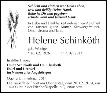 Traueranzeige von Helene Schinköth von Mitteldeutsche Zeitung Merseburg/Querfurt