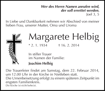 Traueranzeige von Margarete Helbig von Mitteldeutsche Zeitung Halle/Saalkreis