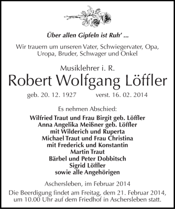Traueranzeige von Robert Wolfgang Löffler von Mitteldeutsche Zeitung Aschersleben