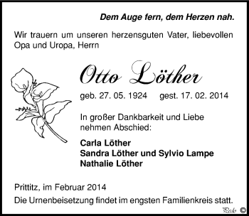 Traueranzeige von Otto Löther von Mitteldeutsche Zeitung Weißenfels