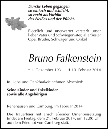 Traueranzeige von Bruno Falkenstein von Mitteldeutsche Zeitung Naumburg/Nebra