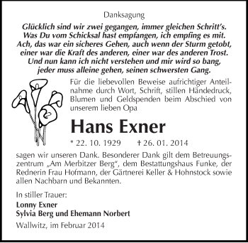 Traueranzeige von Hans Exner von Mitteldeutsche Zeitung Halle/Saalkreis