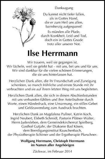 Traueranzeige von Ilse Herrmann von Mitteldeutsche Zeitung Naumburg/Nebra
