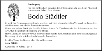 Traueranzeige von Bodo Städtler von Mitteldeutsche Zeitung Mansfelder Land