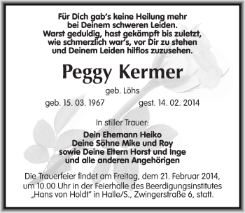 Traueranzeige von Peggy Kermer von Mitteldeutsche Zeitung Halle/Saalkreis