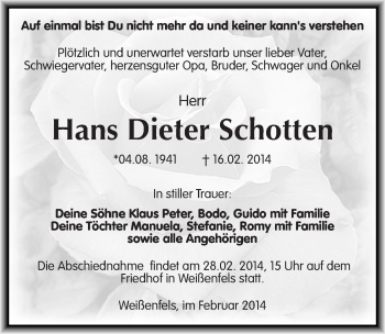 Traueranzeige von Hans Dieter Schotten von Mitteldeutsche Zeitung Weißenfels