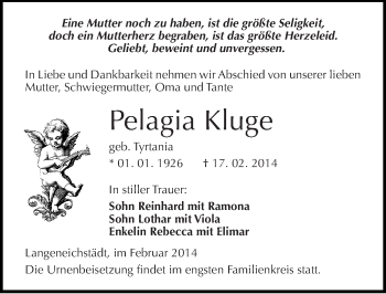 Traueranzeige von Pelagia Kluge von Mitteldeutsche Zeitung Merseburg/Querfurt