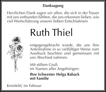 Traueranzeige von Ruth Thiel von Mitteldeutsche Zeitung Mansfelder Land