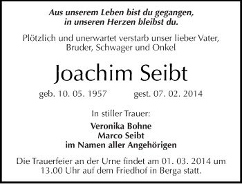 Traueranzeige von Joachim Seibt von Mitteldeutsche Zeitung Sangerhausen