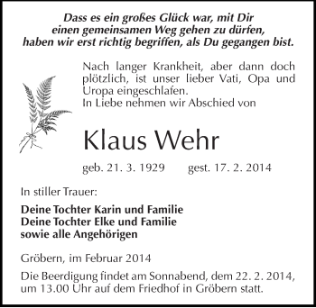Traueranzeige von Klaus Wehr von Mitteldeutsche Zeitung Bitterfeld