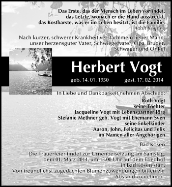 Traueranzeige von Herbert Vogt von Mitteldeutsche Zeitung Naumburg/Nebra