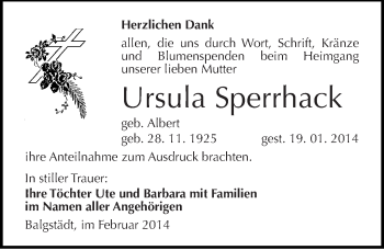 Traueranzeige von Ursula Sperrhack von Mitteldeutsche Zeitung Naumburg/Nebra