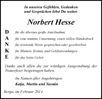 Traueranzeige von Norbert Hesse von Mitteldeutsche Zeitung Sangerhausen