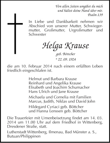 Traueranzeige von Helga Krause von Mitteldeutsche Zeitung Wittenberg