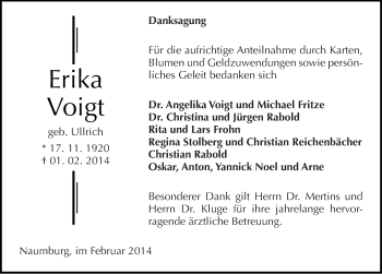 Traueranzeige von Erika Voigt von Mitteldeutsche Zeitung Naumburg/Nebra