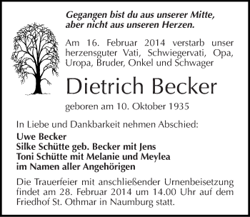 Traueranzeige von Dietrich Becker von Mitteldeutsche Zeitung Naumburg/Nebra