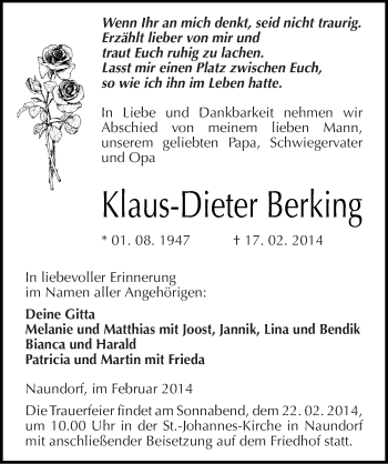 Traueranzeige von Klaus-Dieter Berking von Mitteldeutsche Zeitung Halle/Saalkreis