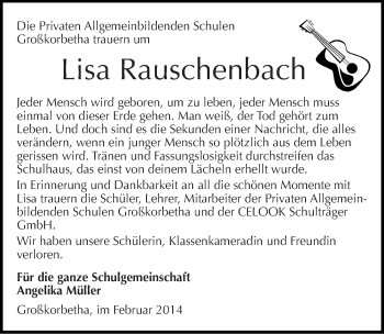 Traueranzeige von Steffen und Lisa Rauschenbach von Mitteldeutsche Zeitung
