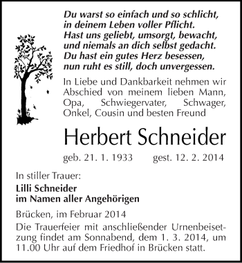 Traueranzeige von Herbert Schneider von Mitteldeutsche Zeitung Sangerhausen