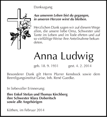 Traueranzeige von Anna Ludwig von Mitteldeutsche Zeitung Köthen
