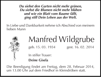 Traueranzeige von Manfred Wildgrube von Mitteldeutsche Zeitung Wittenberg