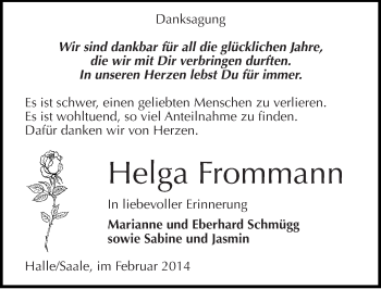 Traueranzeige von Helga Frommann von Mitteldeutsche Zeitung Halle/Saalkreis