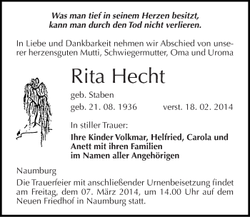 Traueranzeige von Rita Hecht von Mitteldeutsche Zeitung Naumburg/Nebra