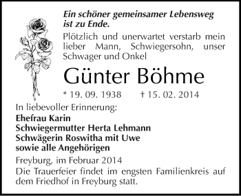 Traueranzeige von Günter Böhme von Mitteldeutsche Zeitung Naumburg/Nebra