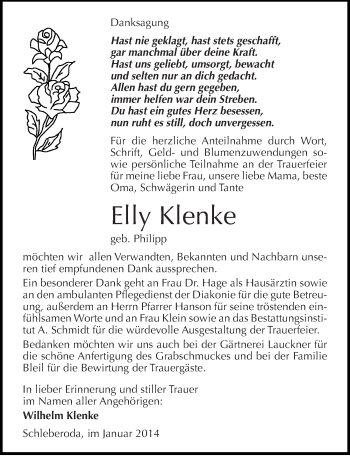 Traueranzeige von Elly Klenke von Mitteldeutsche Zeitung Naumburg/Nebra